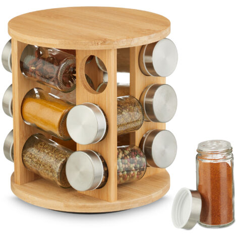 Spice Rack, 12 Jars, 360° Rotating Carousel Stand, HxD 21 x 21 cm, Bamboo, for Herbs & Seasoning, Natural