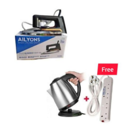 AILYONS Soleplate Dry Iron Box + 2L electric Kettle+ 4 way Power Extension