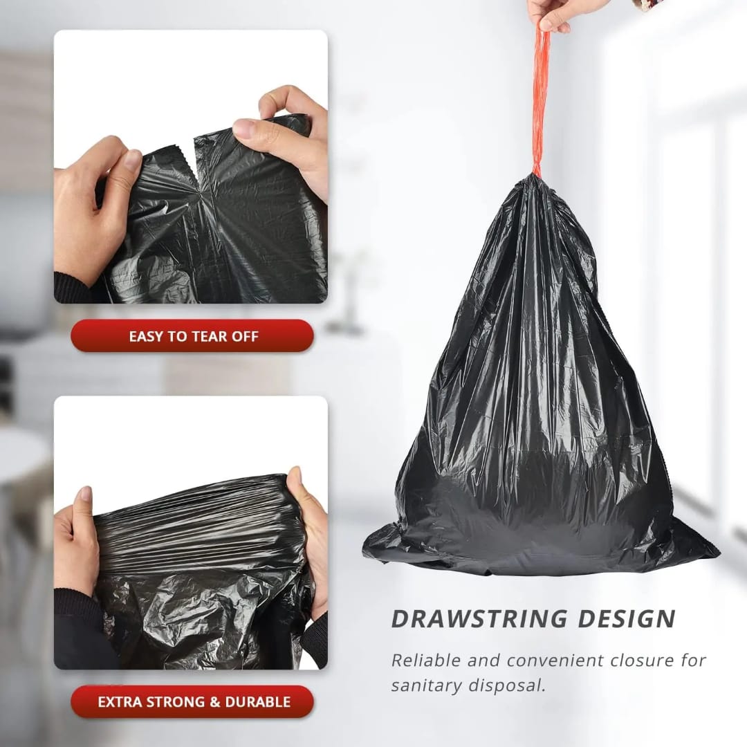 Drawstring Trash Bags (75pc),  Extra Strong, Keeps your bin clean and makes trash day completely hassle-free, Convenient "easy to tear off" perforation for quick access to each bag