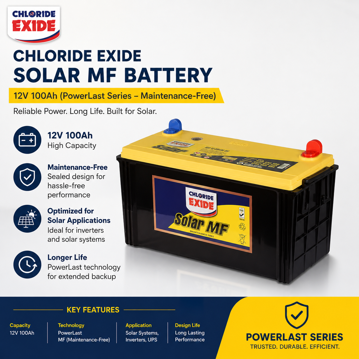 Chloride Exide Solar MF Battery – 12V 100Ah (PowerLast Series – Maintenance-Free)