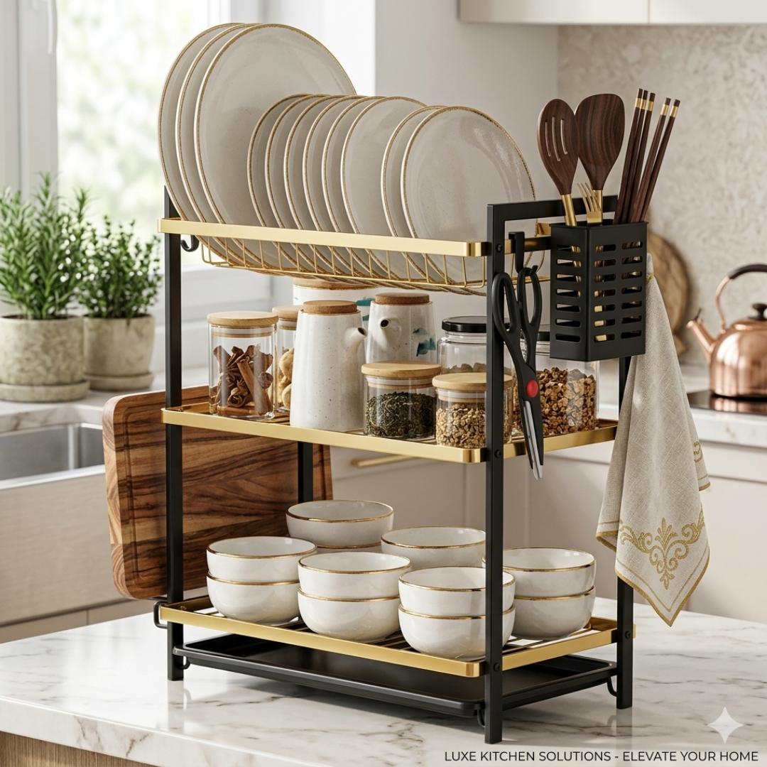 Luxury 3-Tier Kitchen Dish Drying Rack with Drain Tray & Utensil Holder – Large Capacity Countertop Dish Organizer for Plates, Bowls, Cups, Cutlery & Chopping Board – Modern Black & Gold Rustproof Kit