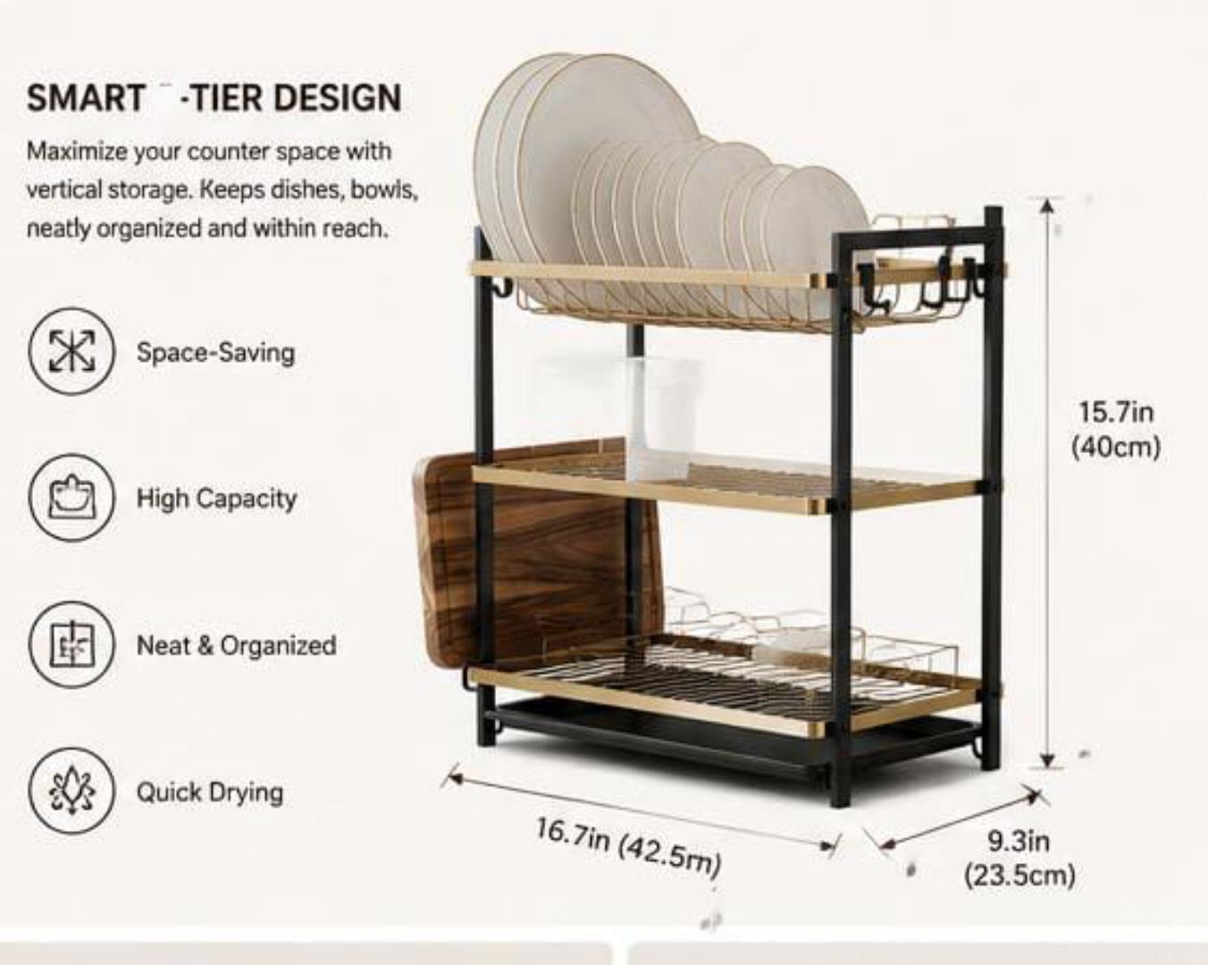 Luxury 3-Tier Kitchen Dish Drying Rack with Drain Tray & Utensil Holder – Large Capacity Countertop Dish Organizer for Plates, Bowls, Cups, Cutlery & Chopping Board – Modern Black & Gold Rustproof Kit