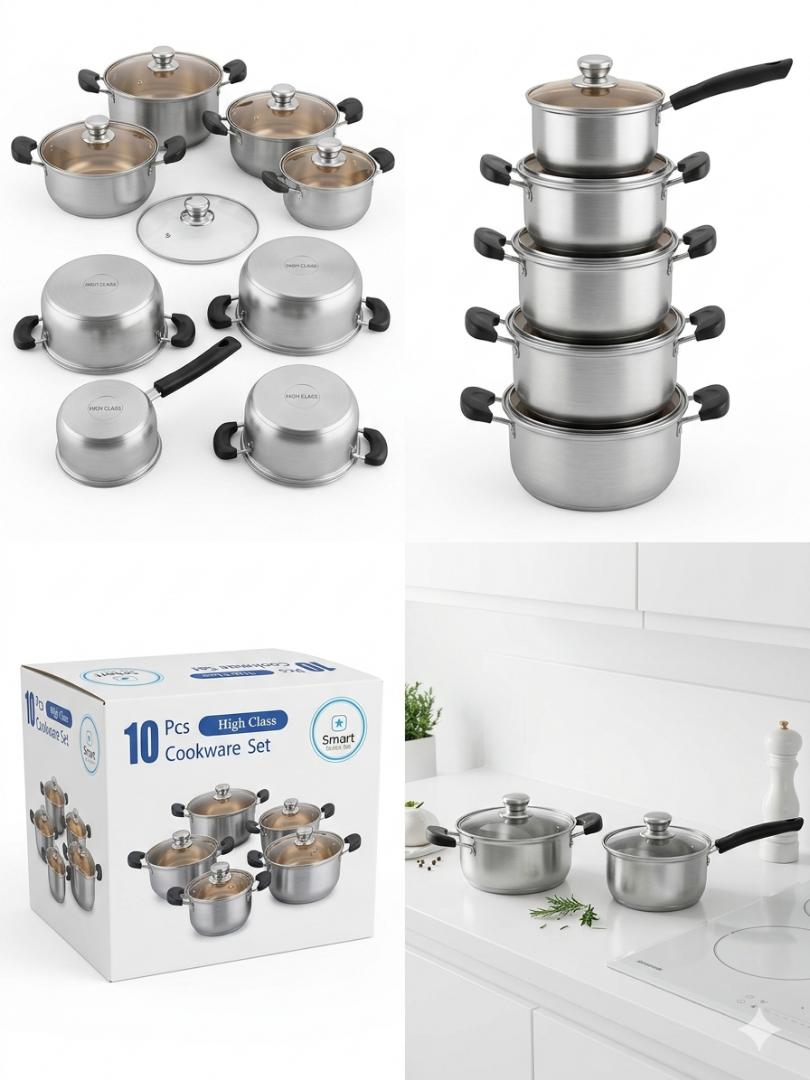 Premium 10Pcs Stainless Steel Cookware Set - Heavy Duty Sufuria Pot Set with Tempered Glass Lids - Induction & Gas Compatible
