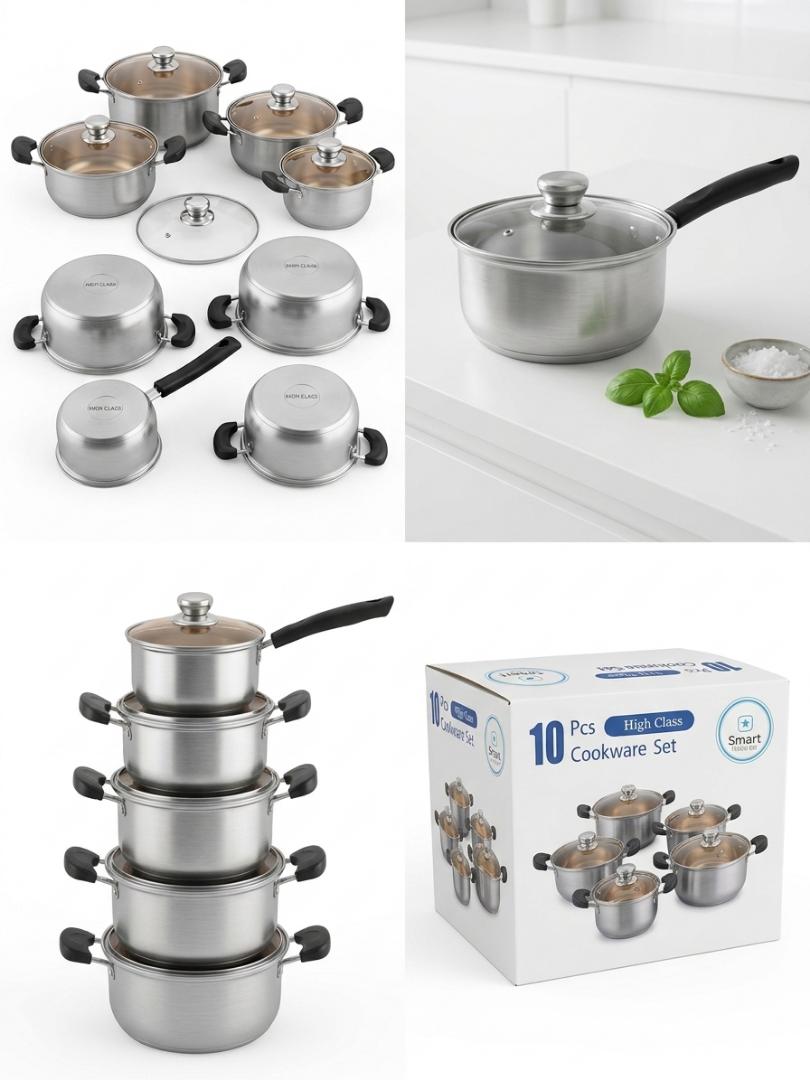 Premium 10Pcs Stainless Steel Cookware Set - Heavy Duty Sufuria Pot Set with Tempered Glass Lids - Induction & Gas Compatible