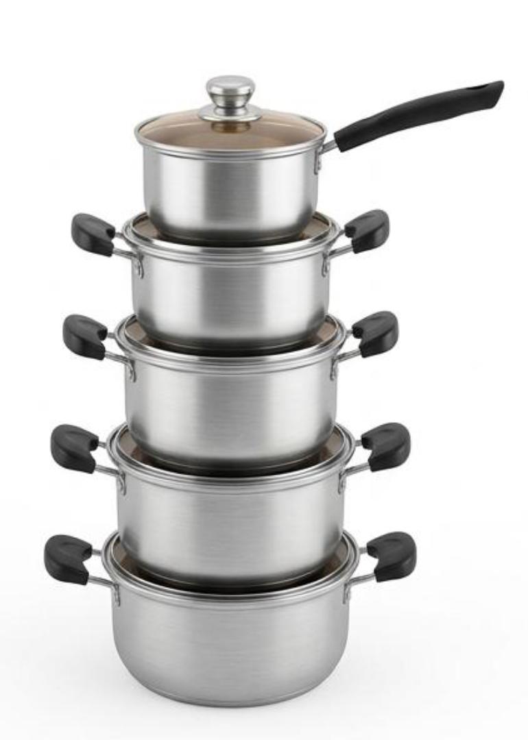 Premium 10Pcs Stainless Steel Cookware Set - Heavy Duty Sufuria Pot Set with Tempered Glass Lids - Induction & Gas Compatible