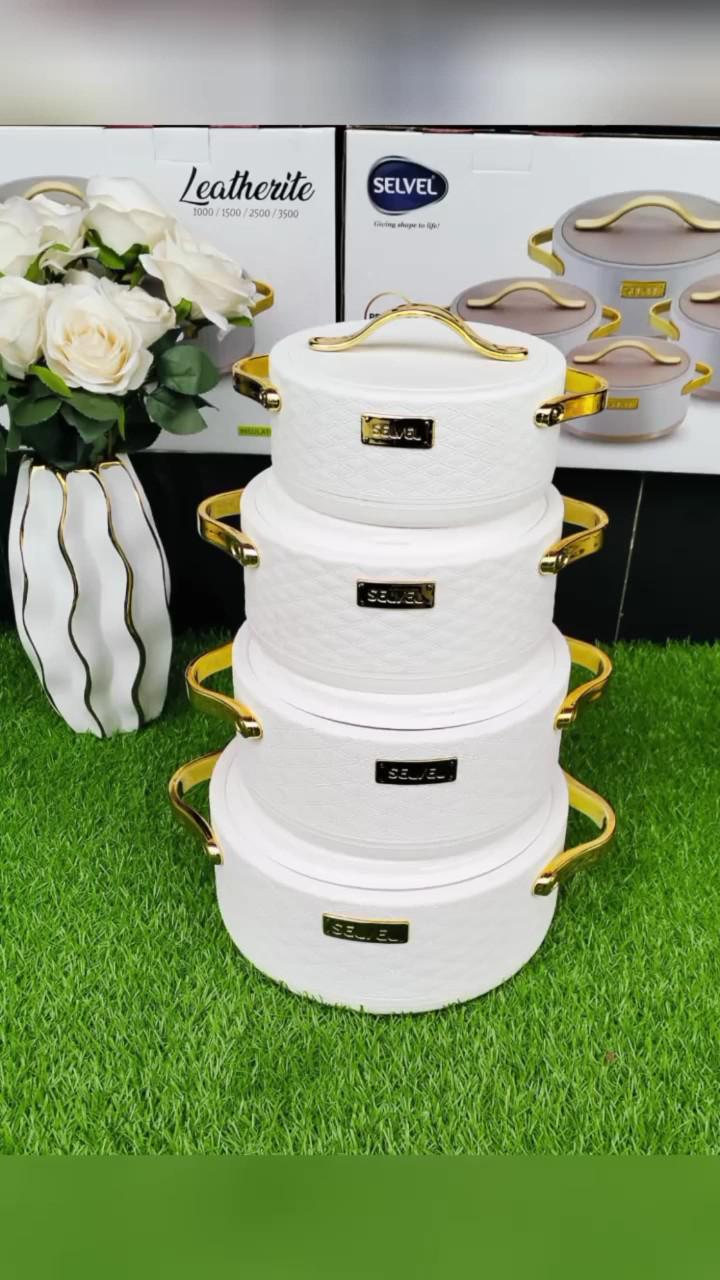 Luxury Leatherite Premium Insulated Hot Pot Casserole Set – 4PCS Stainless Steel Thermal Food Warmers with Locking Lid for Chapati, Rice, Stews & Family Serving