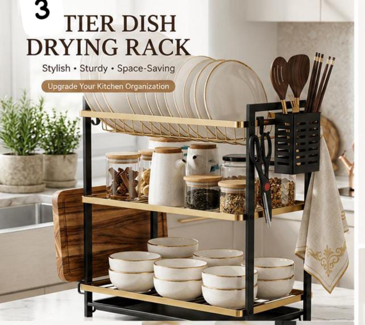 Luxury 3-Tier Kitchen Dish Drying Rack with Drain Tray & Utensil Holder – Large Capacity Countertop Dish Organizer for Plates, Bowls, Cups, Cutlery & Chopping Board – Modern Black & Gold Rustproof Kit