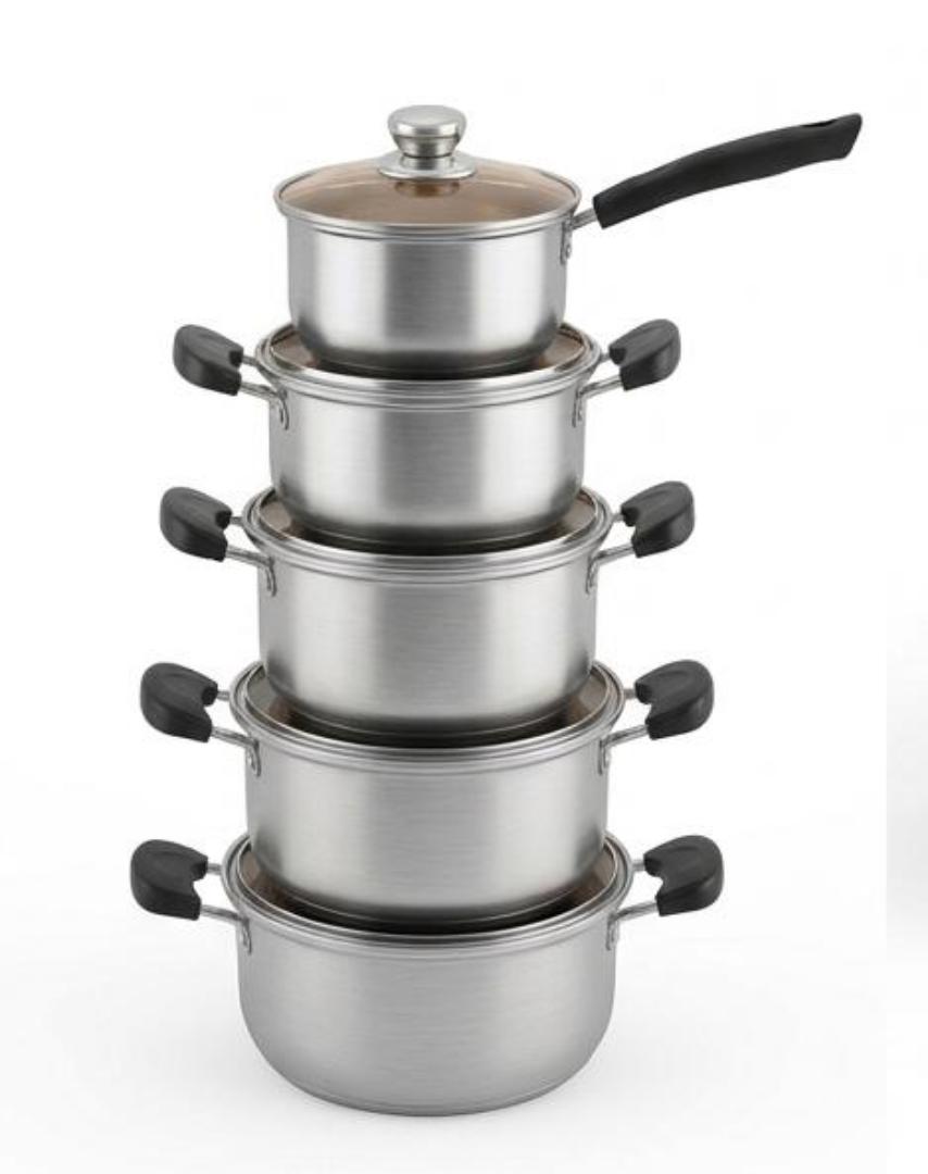 Premium 10Pcs Stainless Steel Cookware Set - Heavy Duty Sufuria Pot Set with Tempered Glass Lids - Induction & Gas Compatible