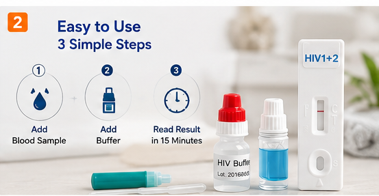 HIV 1/2 Rapid Home Self-Test Kit – 15 Minute Fast & Accurate Results | Over 99% Accuracy At-Home Blood Test Kit with Lancet, Buffer Solution & Alcohol Pad | Private & Confidential Self Screening Kit