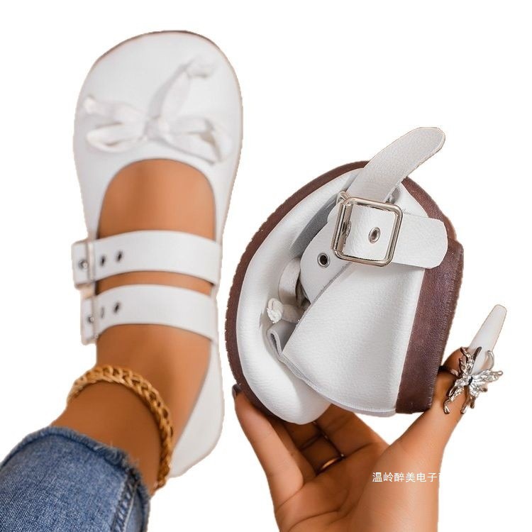 Plus Size Belt Buckle Round Toe Flat Shoes, New Cross-border Bow Shallow Mouth Breathable Lazy Loafer Boat Shoes