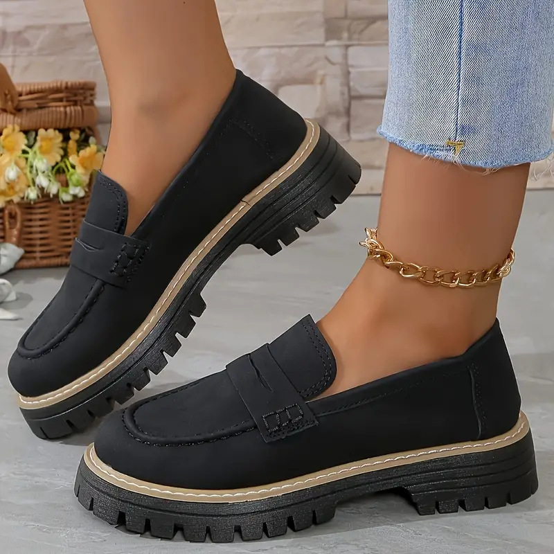 Women's Suede Loafers 2026 Spring - British Style Chunky Heel Platform Shoes, Casual Wide Width Flats for Work & School