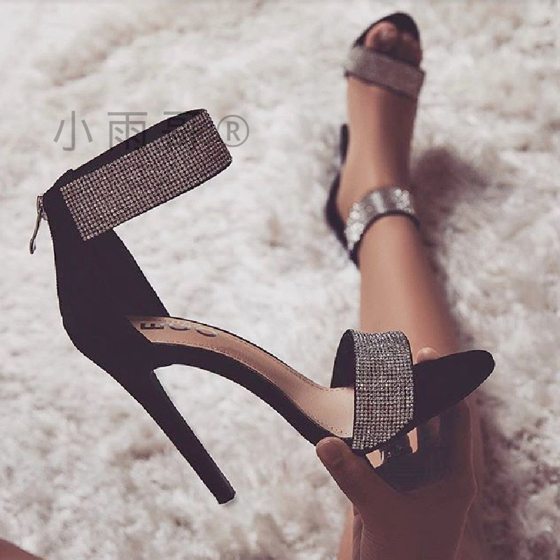 2026 Summer European American Rhinestone High Heel Sandals Women Round Toe Stiletto Back Zipper Roman Fashion Shoes