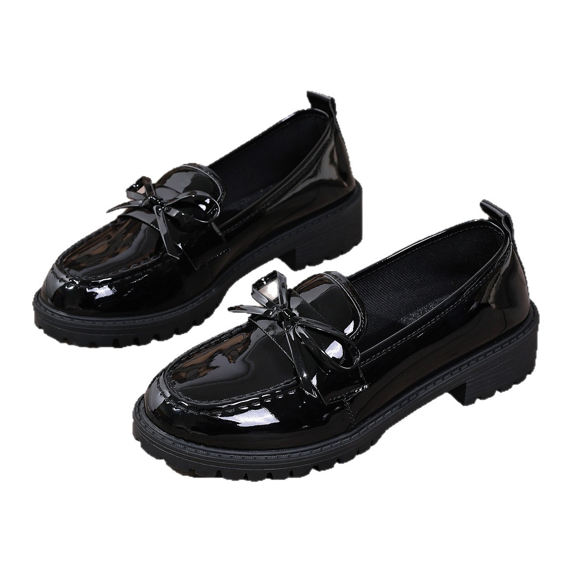 Plus Size Cross-border British Style Loafers Women Glossy Low Heel Bow Casual Flat Shoes