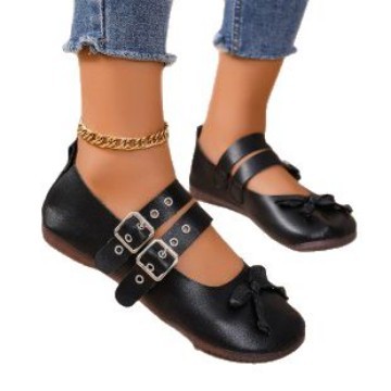 Plus Size Belt Buckle Round Toe Flat Shoes, New Cross-border Bow Shallow Mouth Breathable Lazy Loafer Boat Shoes