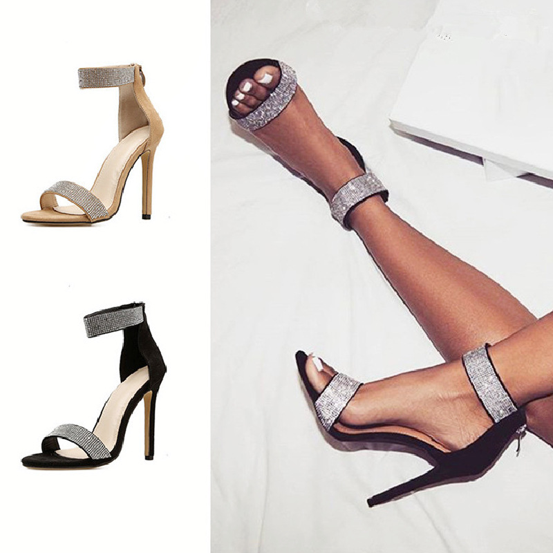2026 Summer European American Rhinestone High Heel Sandals Women Round Toe Stiletto Back Zipper Roman Fashion Shoes