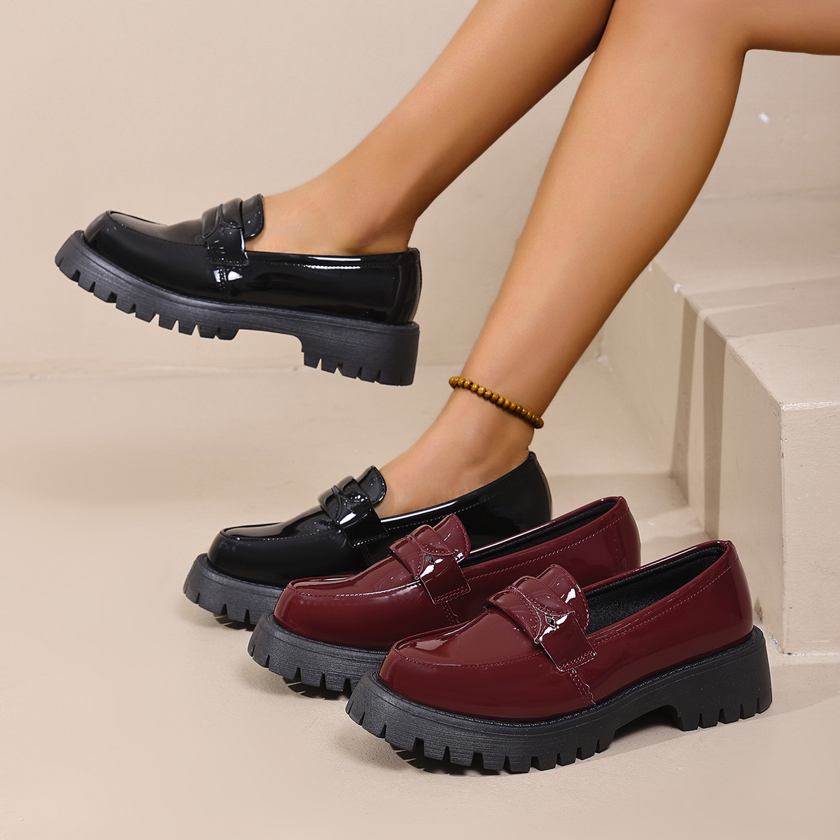 New Patent Leather Low-top Thick Sole Loafers Women British Style Retro Slip On Casual Leather Shoes