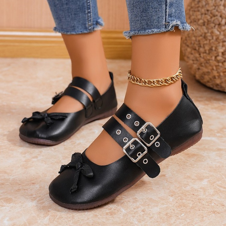Plus Size Belt Buckle Round Toe Flat Shoes, New Cross-border Bow Shallow Mouth Breathable Lazy Loafer Boat Shoes