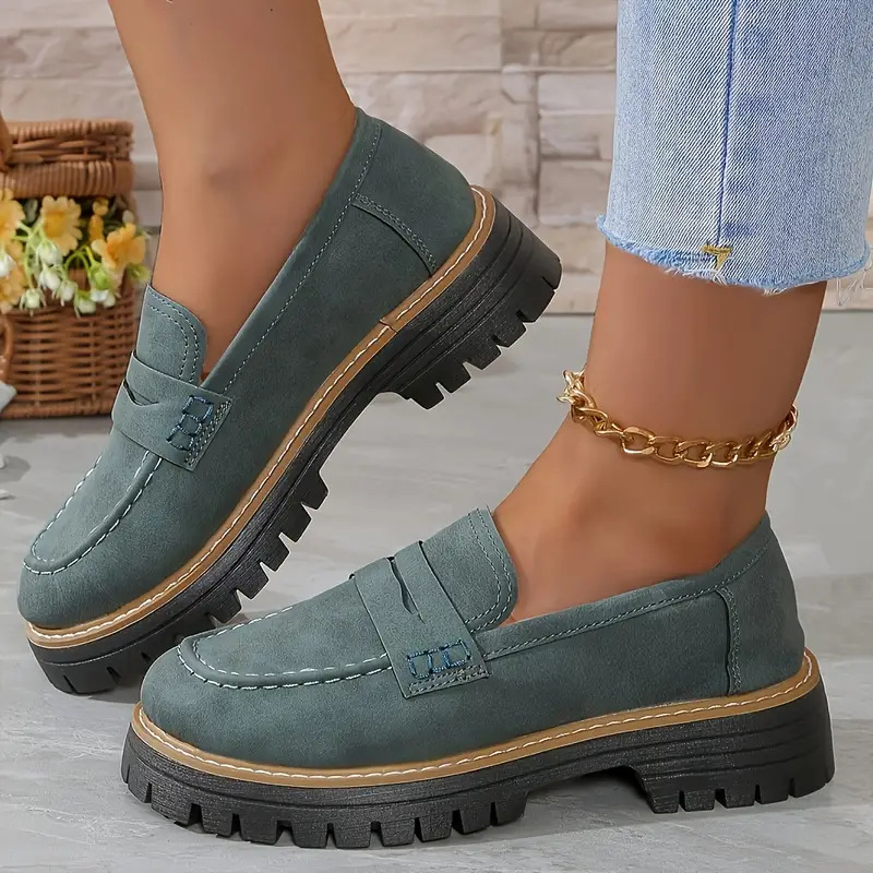 Women's Suede Loafers 2026 Spring - British Style Chunky Heel Platform Shoes, Casual Wide Width Flats for Work & School