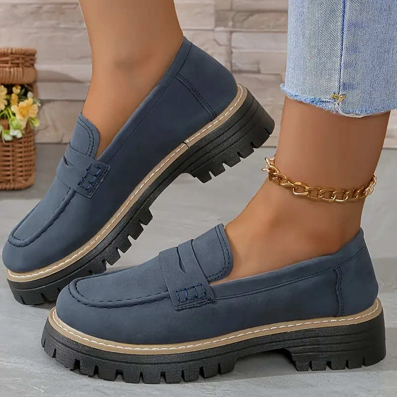 Women's Suede Loafers 2026 Spring - British Style Chunky Heel Platform Shoes, Casual Wide Width Flats for Work & School