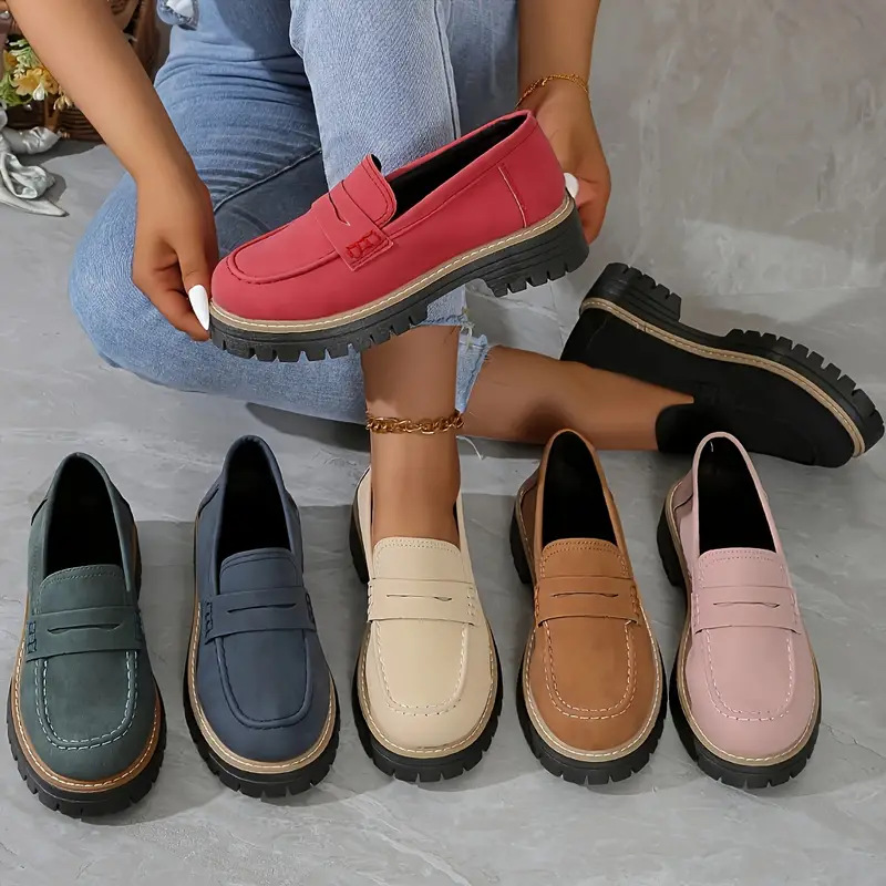 Women's Suede Loafers 2026 Spring - British Style Chunky Heel Platform Shoes, Casual Wide Width Flats for Work & School