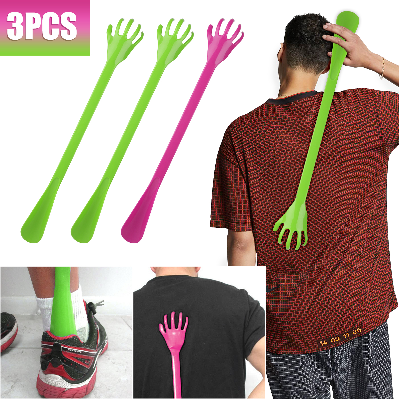 3pcs Shoe Horn Back Scratchers, Plastic Long Handle Back Massagers for Men Women, Random Color