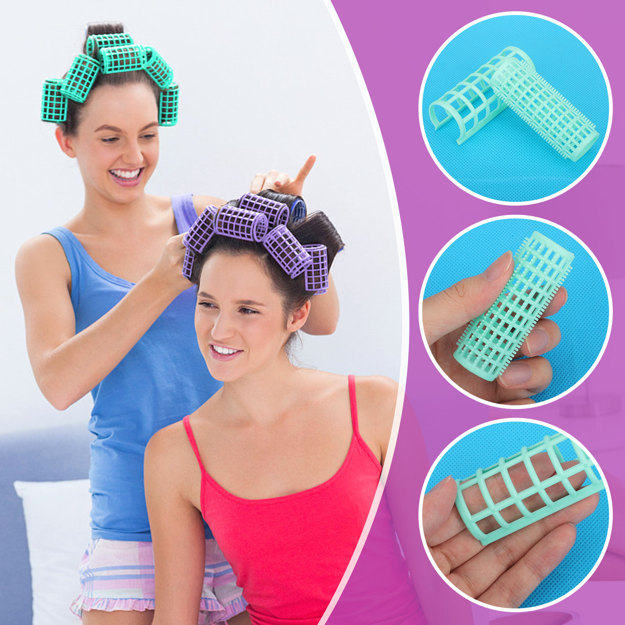 30pcs Snap on Plastic Hair Rollers, 5 Sizes No Heat Curlers, Self Grip Hairdressing Styling Tools, Random Colors
