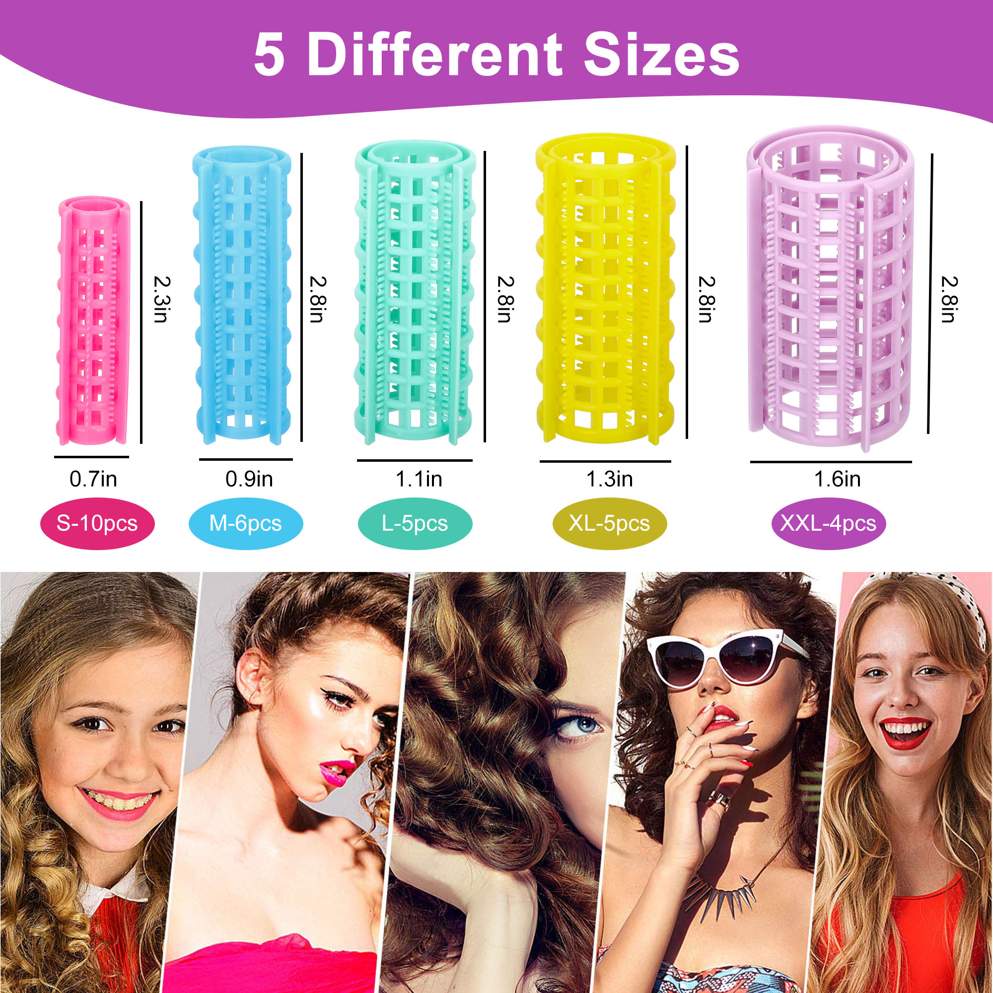 30pcs Snap on Plastic Hair Rollers, 5 Sizes No Heat Curlers, Self Grip Hairdressing Styling Tools, Random Colors