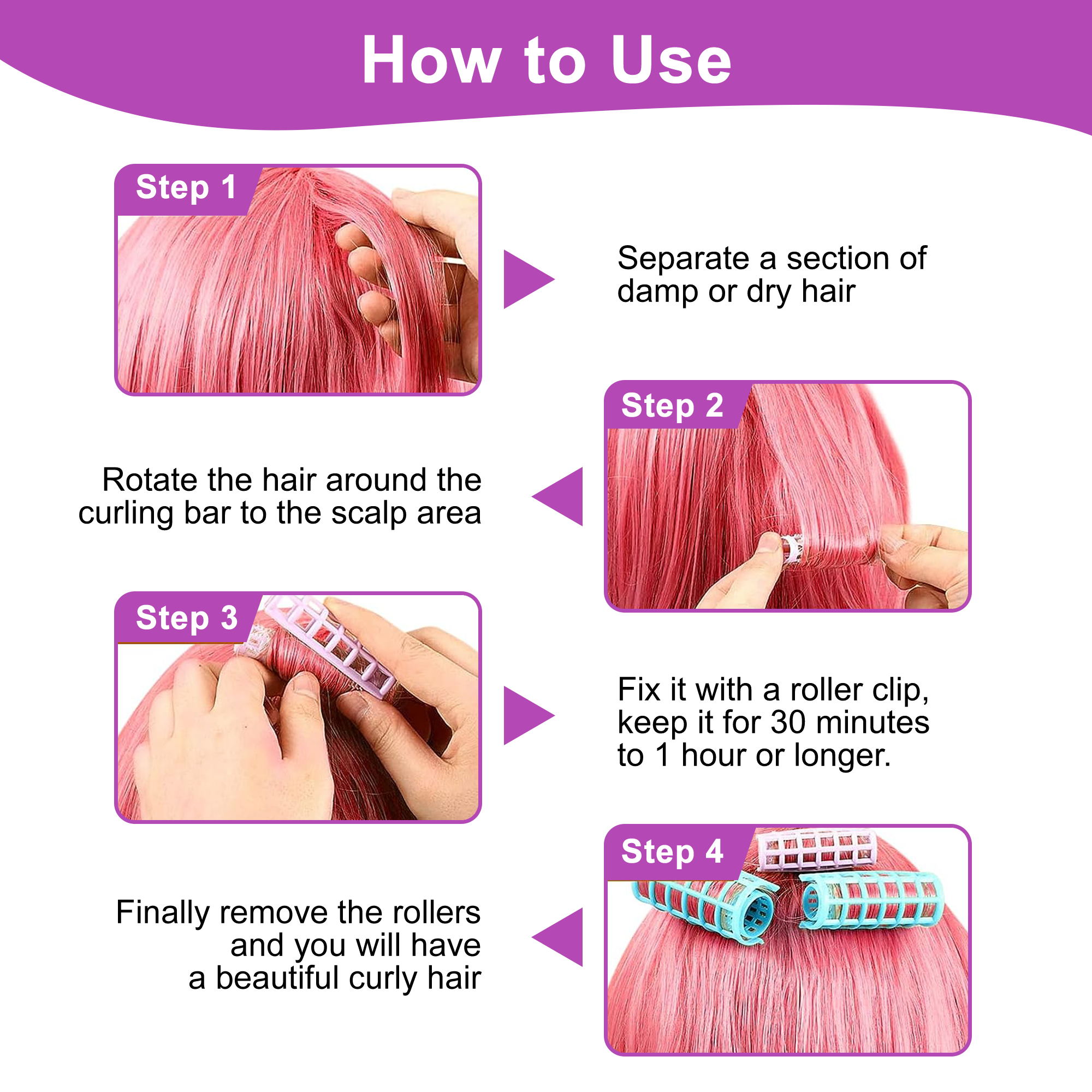 30pcs Snap on Plastic Hair Rollers, 5 Sizes No Heat Curlers, Self Grip Hairdressing Styling Tools, Random Colors