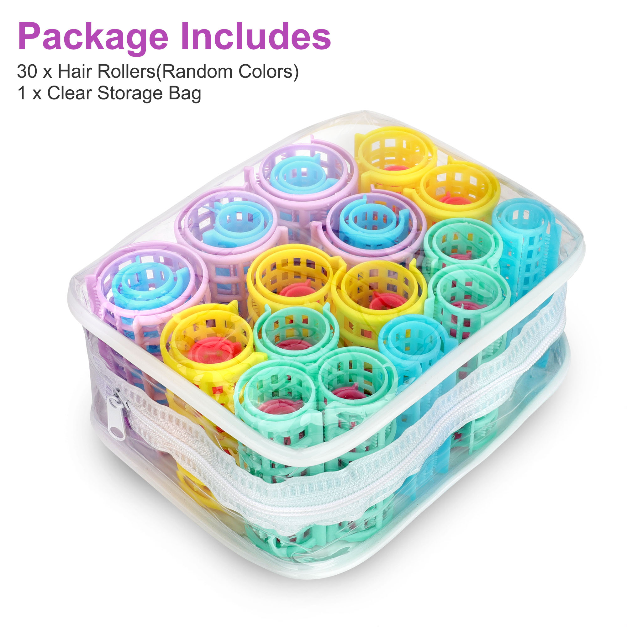 30pcs Snap on Plastic Hair Rollers, 5 Sizes No Heat Curlers, Self Grip Hairdressing Styling Tools, Random Colors