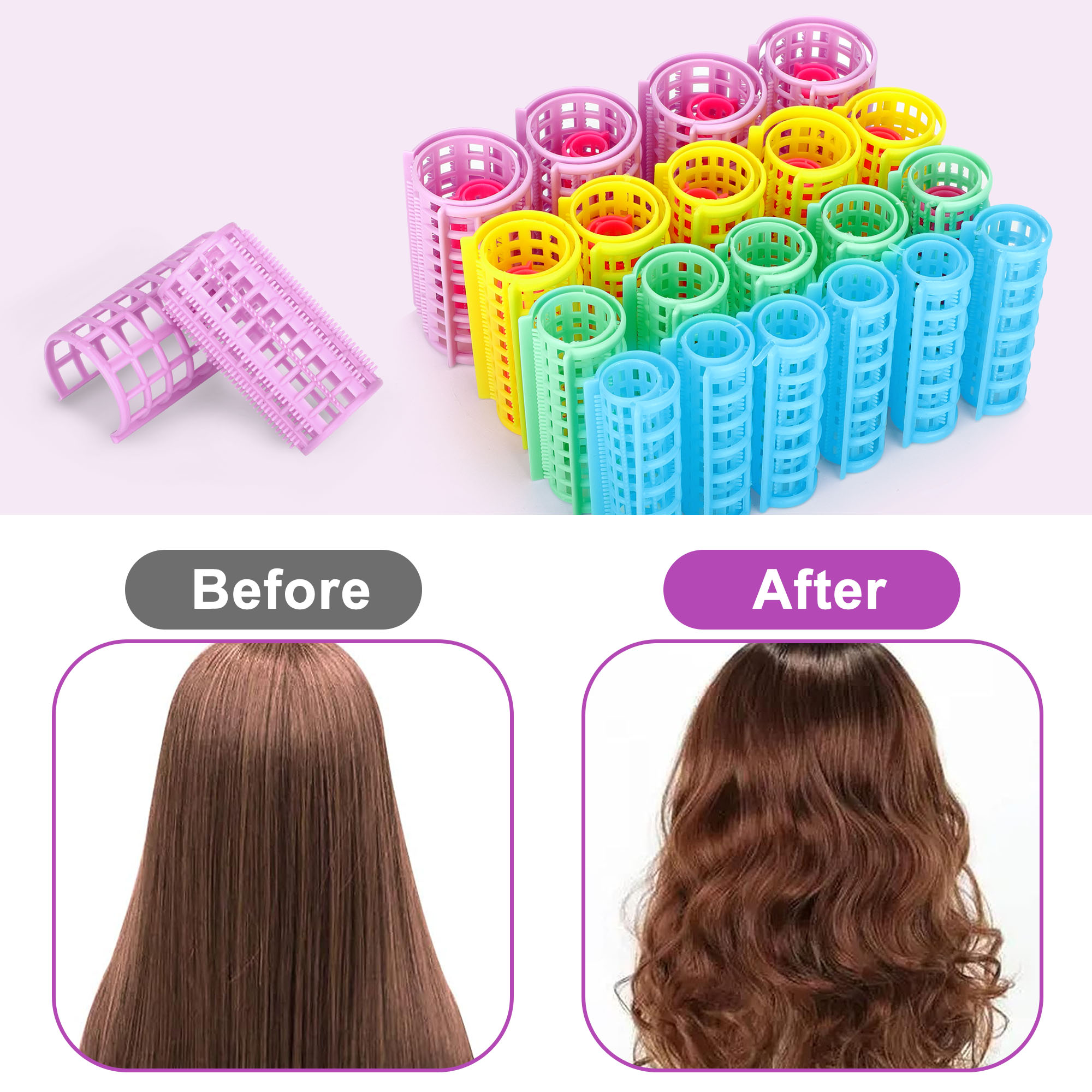 30pcs Snap on Plastic Hair Rollers, 5 Sizes No Heat Curlers, Self Grip Hairdressing Styling Tools, Random Colors