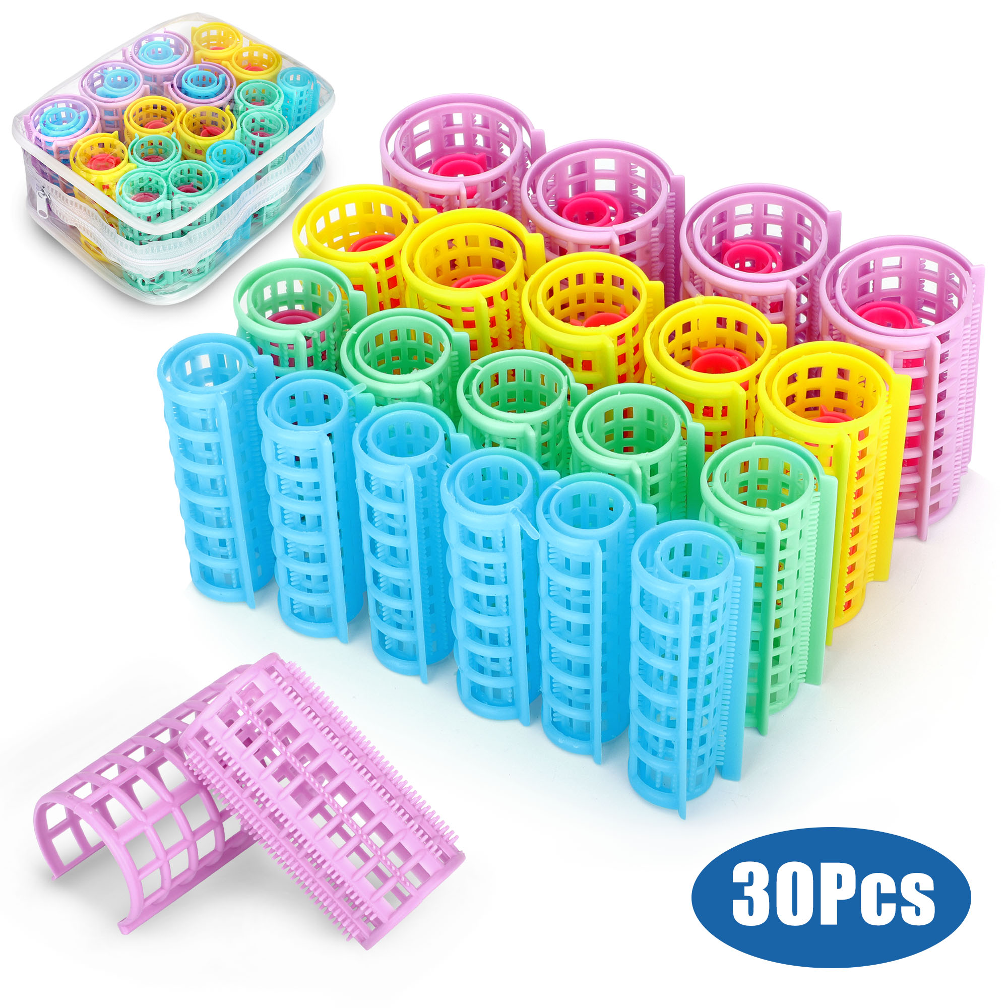 30pcs Snap on Plastic Hair Rollers, 5 Sizes No Heat Curlers, Self Grip Hairdressing Styling Tools, Random Colors