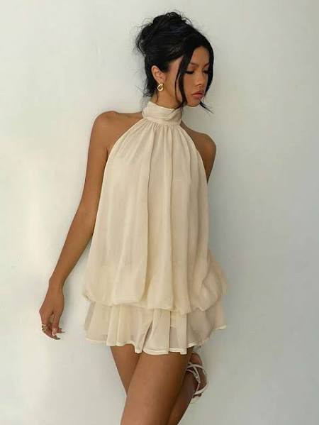 Women's Vibrant  dress Halter-Neck Tiered Chiffon Mini Dress