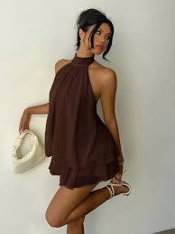 Women's Vibrant  dress Halter-Neck Tiered Chiffon Mini Dress