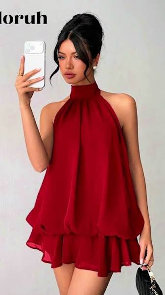 Women's Vibrant  dress Halter-Neck Tiered Chiffon Mini Dress