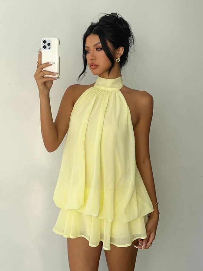 Women's Vibrant  dress Halter-Neck Tiered Chiffon Mini Dress