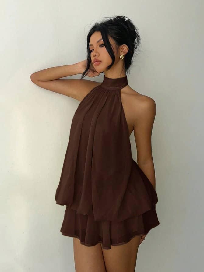 Women's Vibrant  dress Halter-Neck Tiered Chiffon Mini Dress