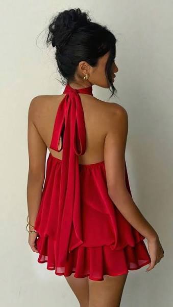 Women's Vibrant  dress Halter-Neck Tiered Chiffon Mini Dress