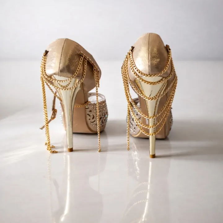 Luxury Gold Chain Rhinestone Stiletto Heels for Women