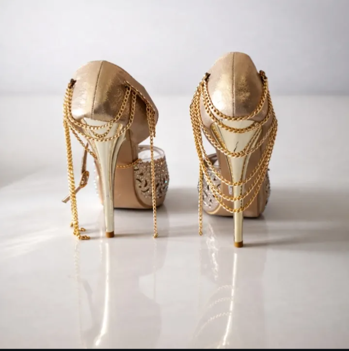 Luxury Gold Chain Rhinestone Stiletto Heels for Women