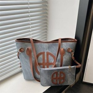 HB Luxury 2 in 1 Blue Denim Tote Bag Set White Leather Trim  Premium Large Capacity Shoulder Handbag for Women Ladies Girls College School Office Work Travel Casual Fashion Top Handle Bags -Blue White