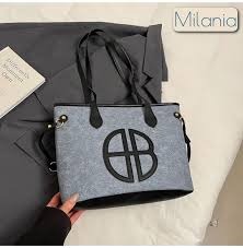 HB Luxury 2 in 1 Blue Denim Tote Bag Set White Leather Trim  Premium Large Capacity Shoulder Handbag for Women Ladies Girls College School Office Work Travel Casual Fashion Top Handle Bags -Blue White