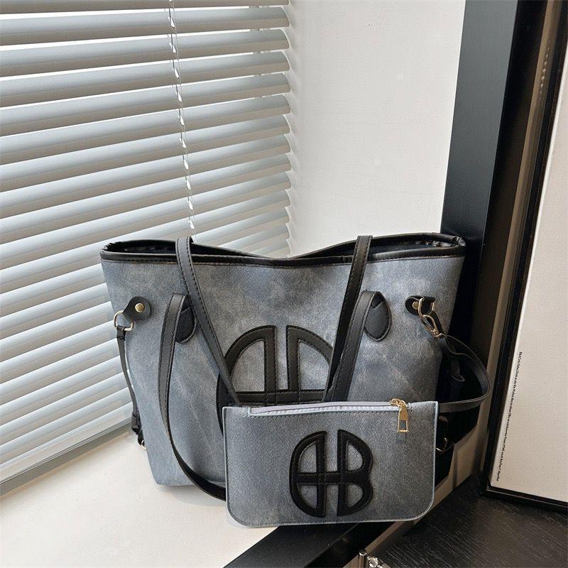 HB Luxury 2 in 1 Blue Denim Tote Bag Set White Leather Trim  Premium Large Capacity Shoulder Handbag for Women Ladies Girls College School Office Work Travel Casual Fashion Top Handle Bags -Blue White
