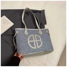 HB Luxury 2 in 1 Blue Denim Tote Bag Set White Leather Trim  Premium Large Capacity Shoulder Handbag for Women Ladies Girls College School Office Work Travel Casual Fashion Top Handle Bags -Blue White