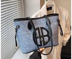 HB Luxury 2 in 1 Blue Denim Tote Bag Set White Leather Trim  Premium Large Capacity Shoulder Handbag for Women Ladies Girls College School Office Work Travel Casual Fashion Top Handle Bags -Blue White