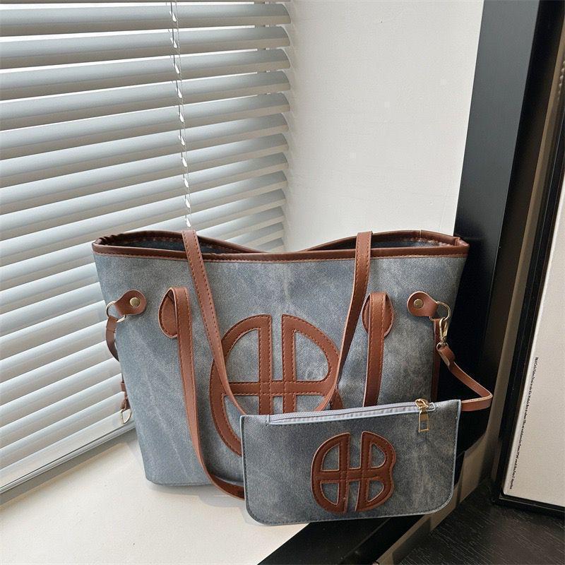 HB Luxury 2 in 1 Blue Denim Tote Bag Set White Leather Trim  Premium Large Capacity Shoulder Handbag for Women Ladies Girls College School Office Work Travel Casual Fashion Top Handle Bags -Blue White