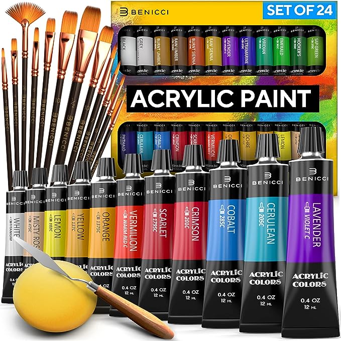 24-Piece Acrylic Paint Set, designed to deliver rich, vibrant colors for artists, students, and hobbyists alike. Whether you're painting on canvas, paper, wood, fabri