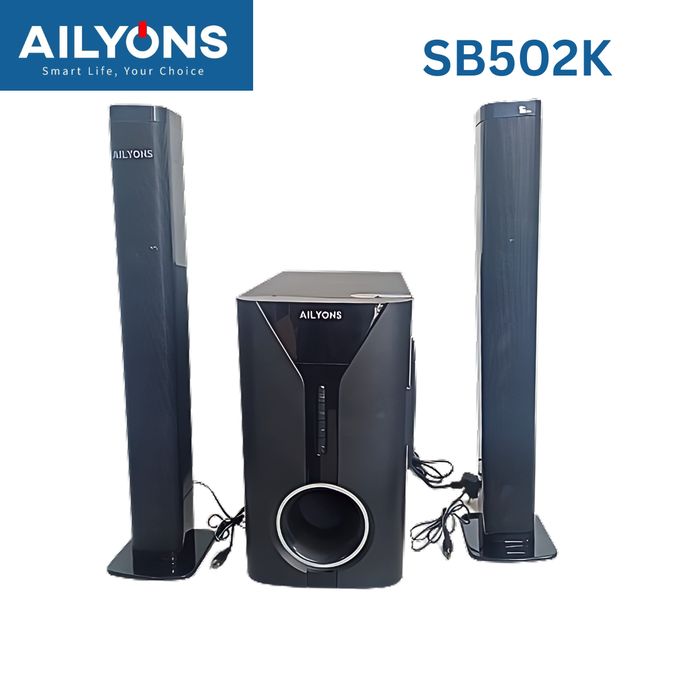 Ailyons SB502K 2.1CH Multimedia Speaker System featuring a main subwoofer unit and two tall-boy speakers. Audio Features: Delivers clear sound with deep bass and a powerful built-in amplifier for rich
