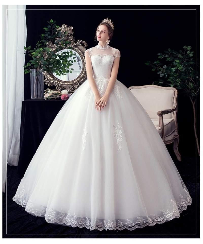 New Arrival Western Style Plus Size Wedding Dress Figure-Flattering Stand Collar Floral Off-the-Shoulder Lace Bridal Gown