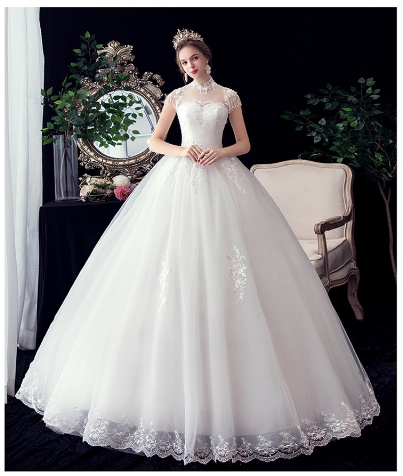 New Arrival Western Style Plus Size Wedding Dress Figure-Flattering Stand Collar Floral Off-the-Shoulder Lace Bridal Gown