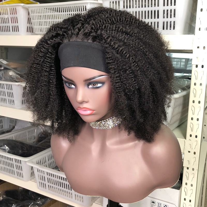 Afro Kinky Curly Wig 180% Density Human Hair Headband Wig Short Curly Full Machine Made Human Hair Wig With Headband No Glue Afro Wig 10inch
